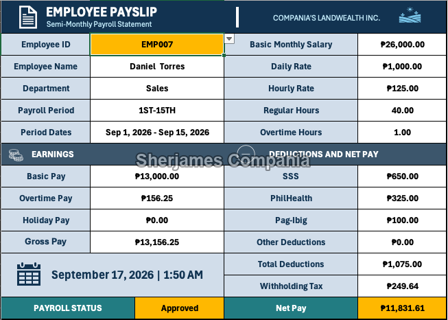 Employee payslip for Daniel Torres showing earnings, deductions, and net pay