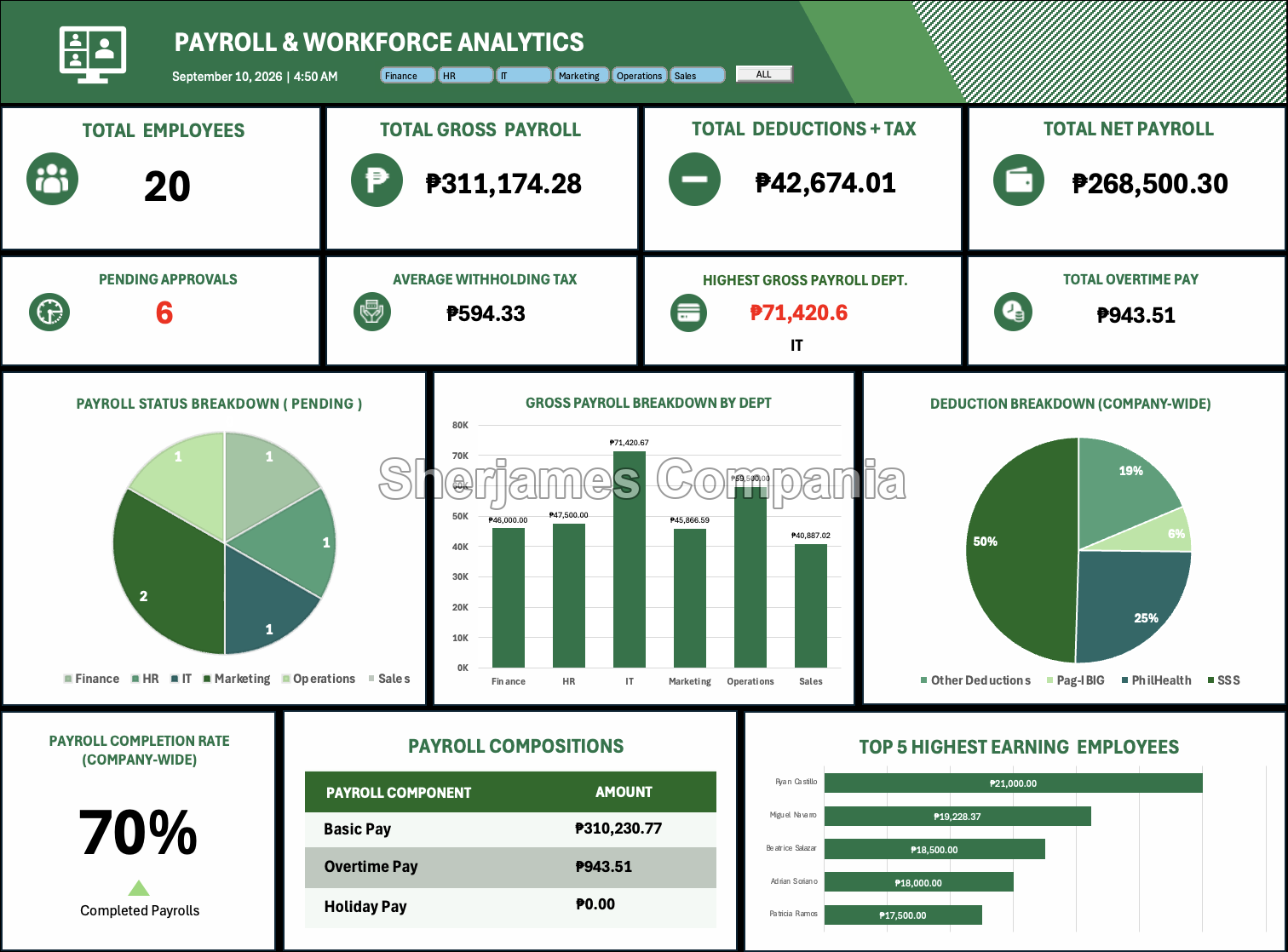 Payroll and Workforce Analytics dashboard showing KPI cards, payroll charts, payroll compositions, and highest earning employees